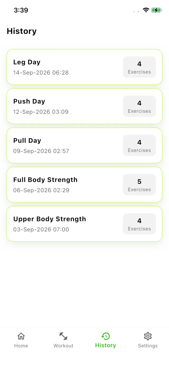 Workout history screen listing past sessions such as Leg Day and Push Day with their dates and exercise counts