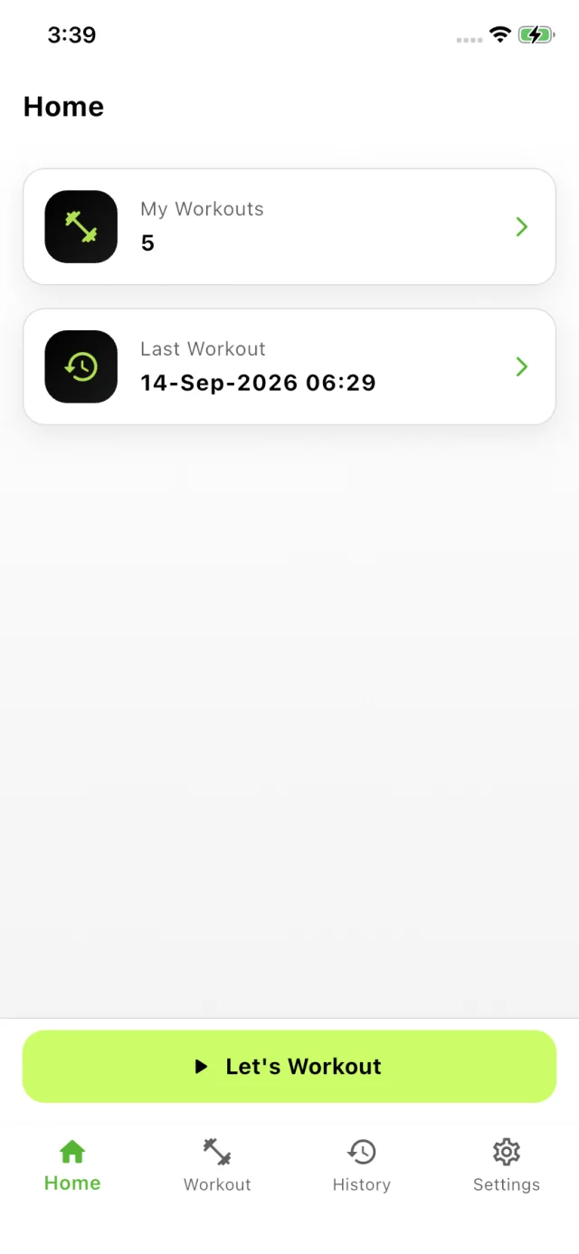 Easy Workout Logger home screen showing the number of workouts logged, a Let's Workout button, and the date of the last workout