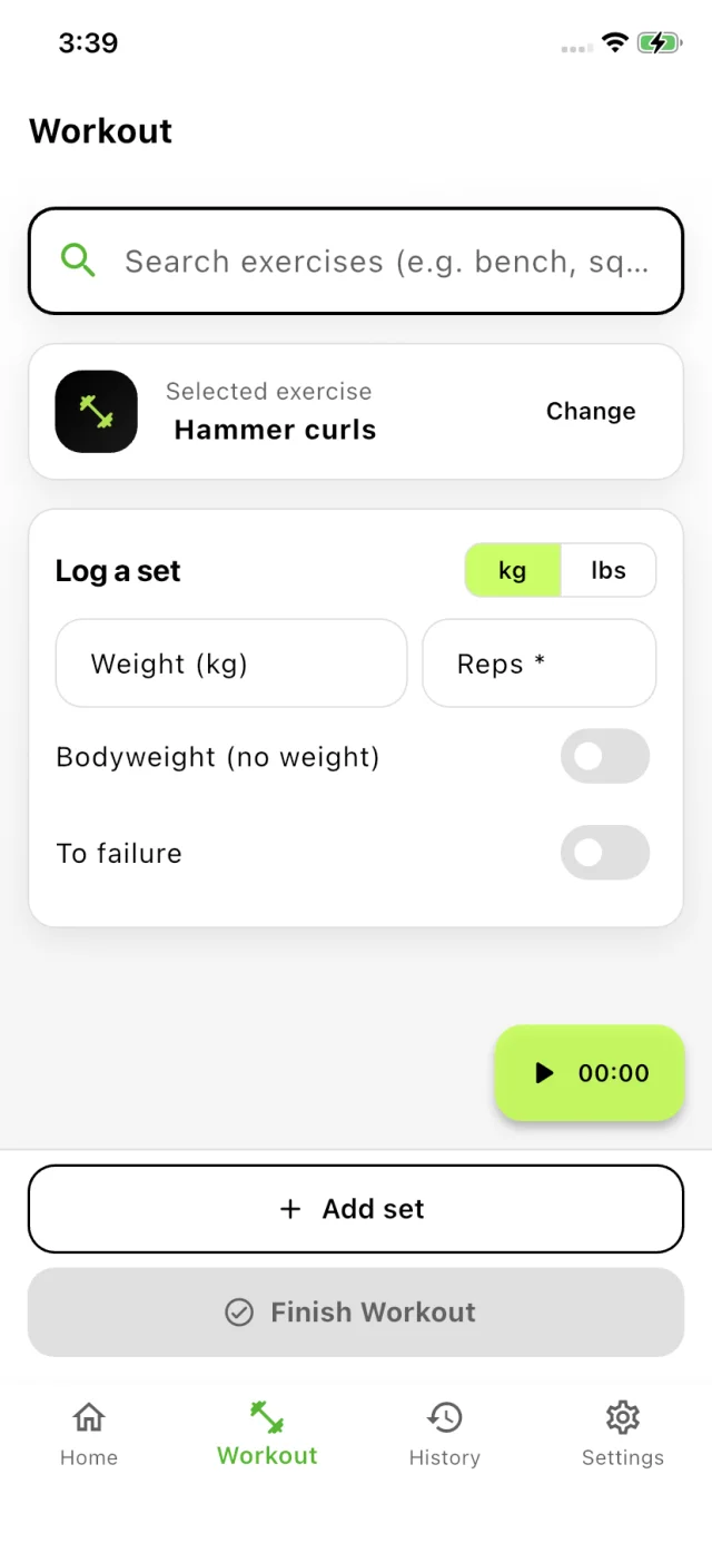 Logging a set screen with exercise search, weight and reps fields, and options for bodyweight and to-failure sets